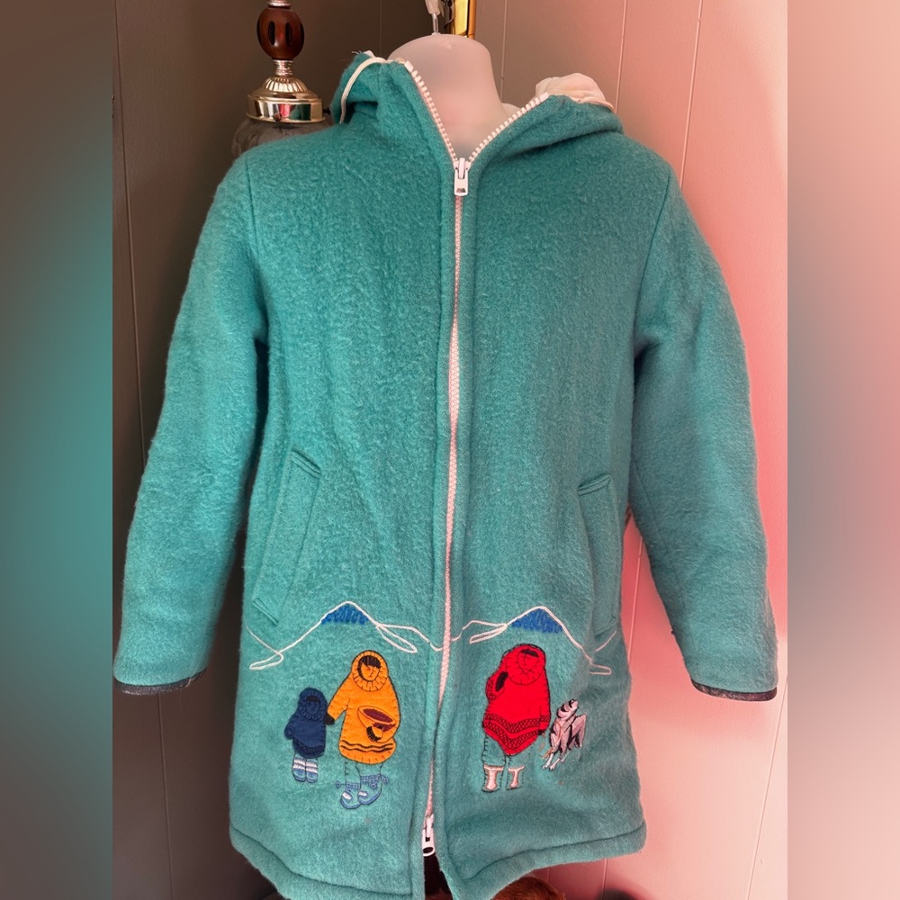 Kelsey Trails Teal 100% Wool Hooded Coat with Embroidered Inuit Figures.